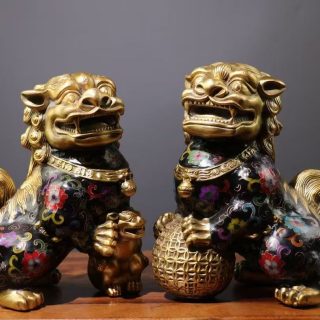 Pair of Bronze Cloisonné Palace Gate Lion Ornaments, Handmade Filigree Enamel Copper Lions, Chinese Decor for Entryway & Office Collection