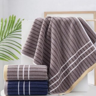 Premium Cotton Striped Bath Towel with Satin Border for Hotel and Home