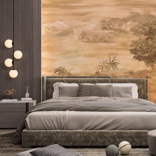 Warm Beige Antique Tropical Island Wall Decor, Watercolor Misty Mountain Forest Feature Wallpaper