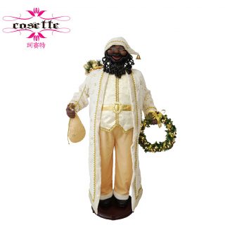 Life Size Black Santa Claus Figurine with Wreath & Gift Sack
