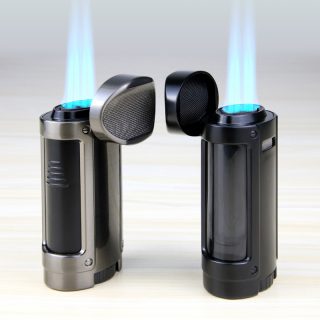Luxury Quad Jet Blue Flame Lighter Refillable Butane Cigar Lighter with Large Visible Fuel Tank & Built-in Cigar Rest